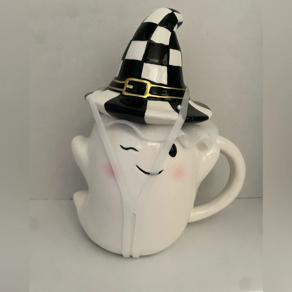 Halloween ghost and witch hat lid coffee tea cup black and white checker pattern